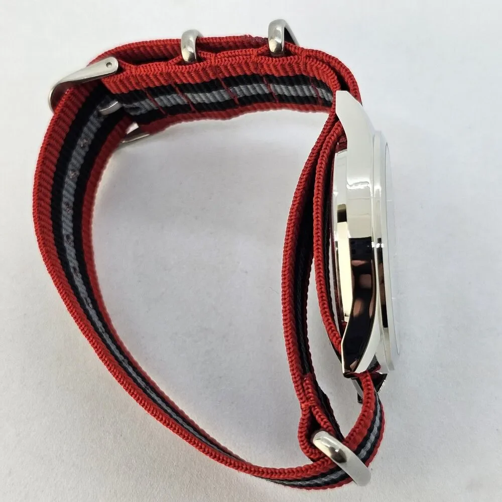 Men's Field Military Watch 42MM Black Dial Red Black Gray‎ Canvas Band Strap